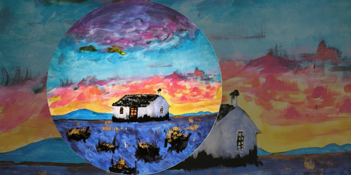 Haus im Süden, 2026. Acryl auf Leinwand, 32x32 cm. Ein farbenfrohes Haus in einer südlichen Landschaft mit warmem Licht und freundlicher Atmosphäre.