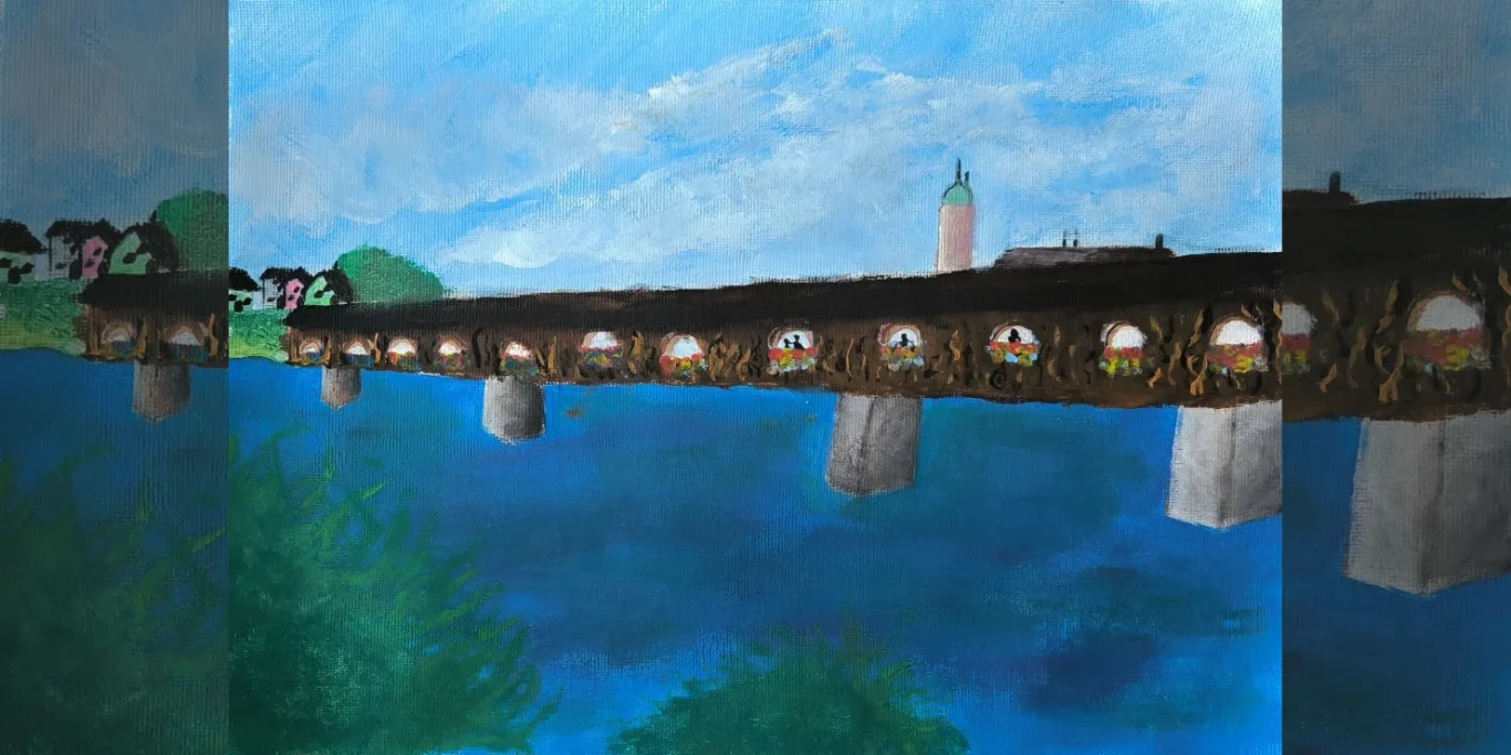 Holzbrücke in der Altstadt, 2026. Acryl auf Leinwand, 20x30 cm. Eine Holzbrücke führt durch eine Altstadt mit Häusern und farbenfrohen Details.