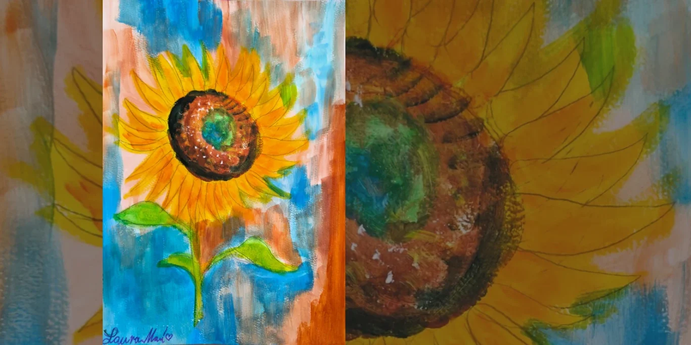 Sonnenblume, 2025. Acryl auf Papier, 30x20 cm. Eine leuchtende Sonnenblume mit fein gezeichneten Blütenblättern vor einem farbenfrohen Hintergrund.