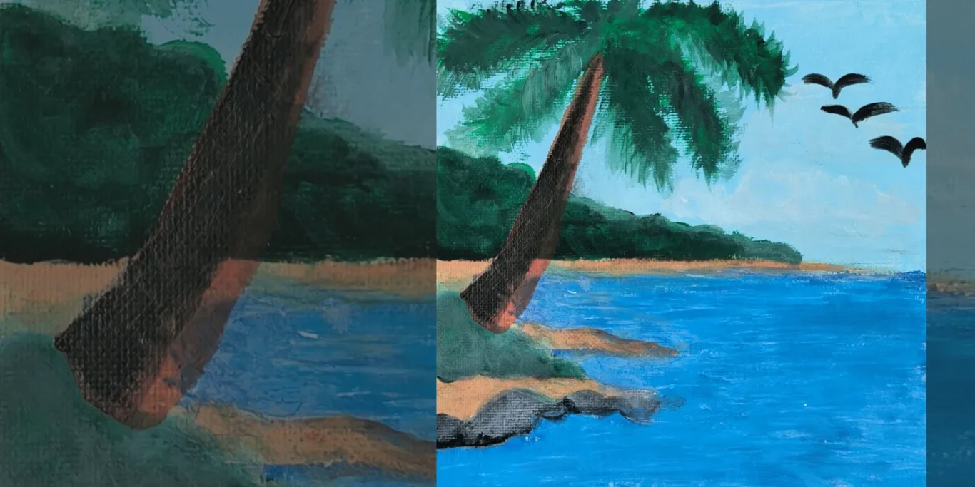Südseeglück, 2026. Acryl auf Leinenkarton, 20x20 cm. Eine Palme und Vögel stehen in einer leichten sommerlichen Landschaft am Meer.