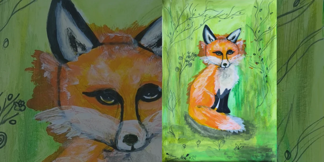 Der Fuchs, 2025. Acryl auf Papier, 30x20 cm. Ein ausdrucksstarker Fuchs mit dichtem Fell vor dekorativen Zweigen und geschwungenen Linien.