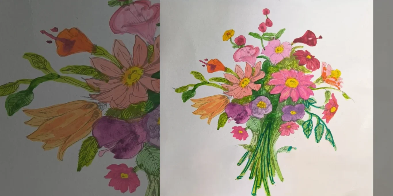 Feldblumen, 2026. Aquarell + Filzstift auf Papier, 18x19 cm. Ein farbenfroher Strauß aus Feldblumen mit vielen Blüten und einer lebendigen, dicht gestalteten Komposition.