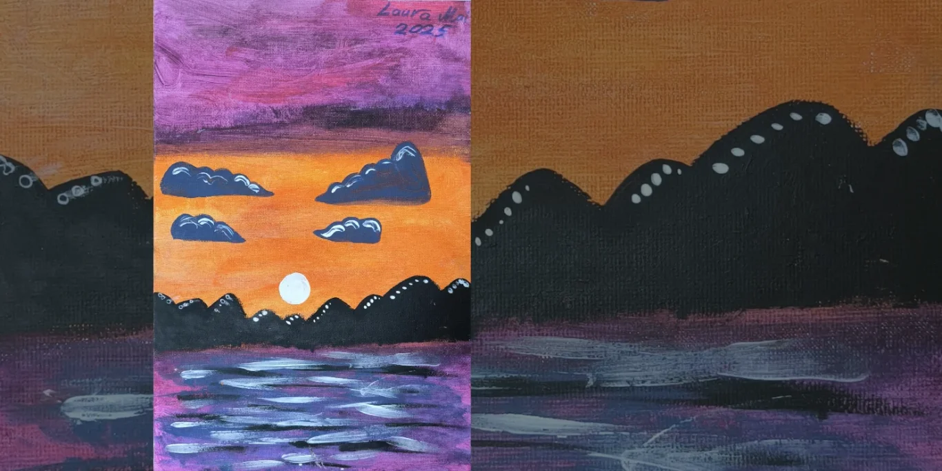 Abendglut, 2025. Acryl auf Leinenkarton, 30x20 cm. Eine warme Meereslandschaft mit leuchtendem Himmel und Spiegelung im Wasser.