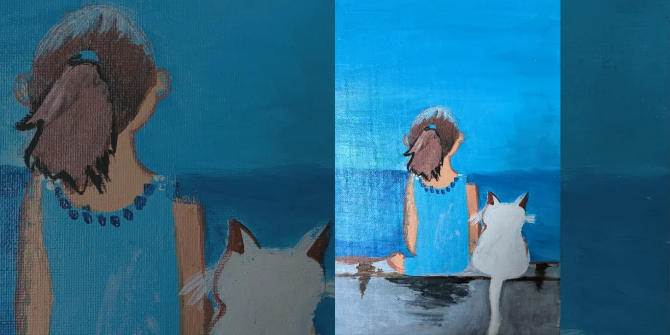 Seite an Seite, 2025. Acryl auf Leinenkarton, 30x20 cm. Ein Mädchen und eine Katze sitzen Seite an Seite und blicken gemeinsam auf das Meer.