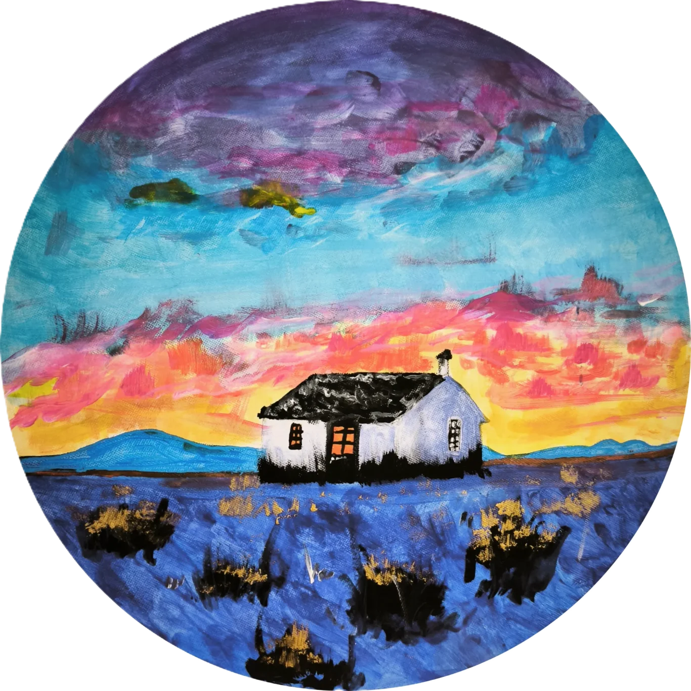 Haus im Süden, 2026. Acryl auf Leinwand (rund), 32x32 cm. Ein farbenfrohes Haus in einer südlichen Landschaft mit warmem Licht und freundlicher Atmosphäre.