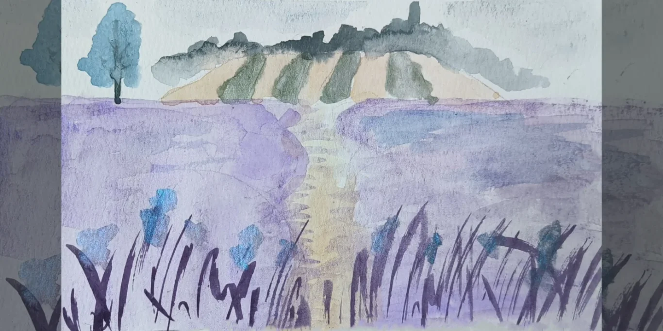 Lila Dämmerung, 2026. Aquarell auf Papier, 15x20 cm. Eine lila Landschaft in der Dämmerung mit Wasser, Spiegelungen und perlmuttartigen Farbakzenten.