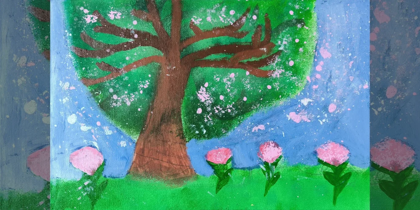 Im Zauberwald, 2025. Acryl auf Leinwand, 20x30 cm. Ein fantasievoller Zauberwald mit leuchtenden Farben, Mustern und magischen Details.