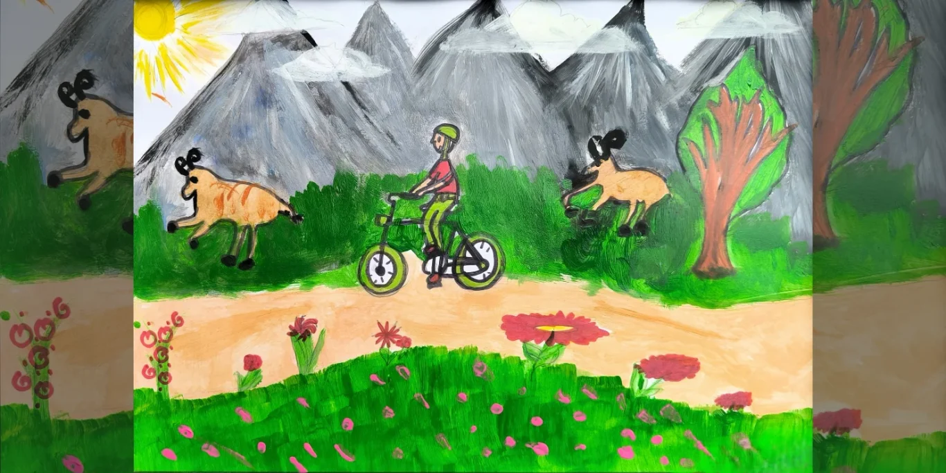 Fahrradtour in den Bergen, 2025. Acryl + Filzstift auf Papier, 30x40 cm. Ein Radfahrer fährt durch eine Berglandschaft mit Bergen, Bäumen, Blumen und zwei Gämsen.