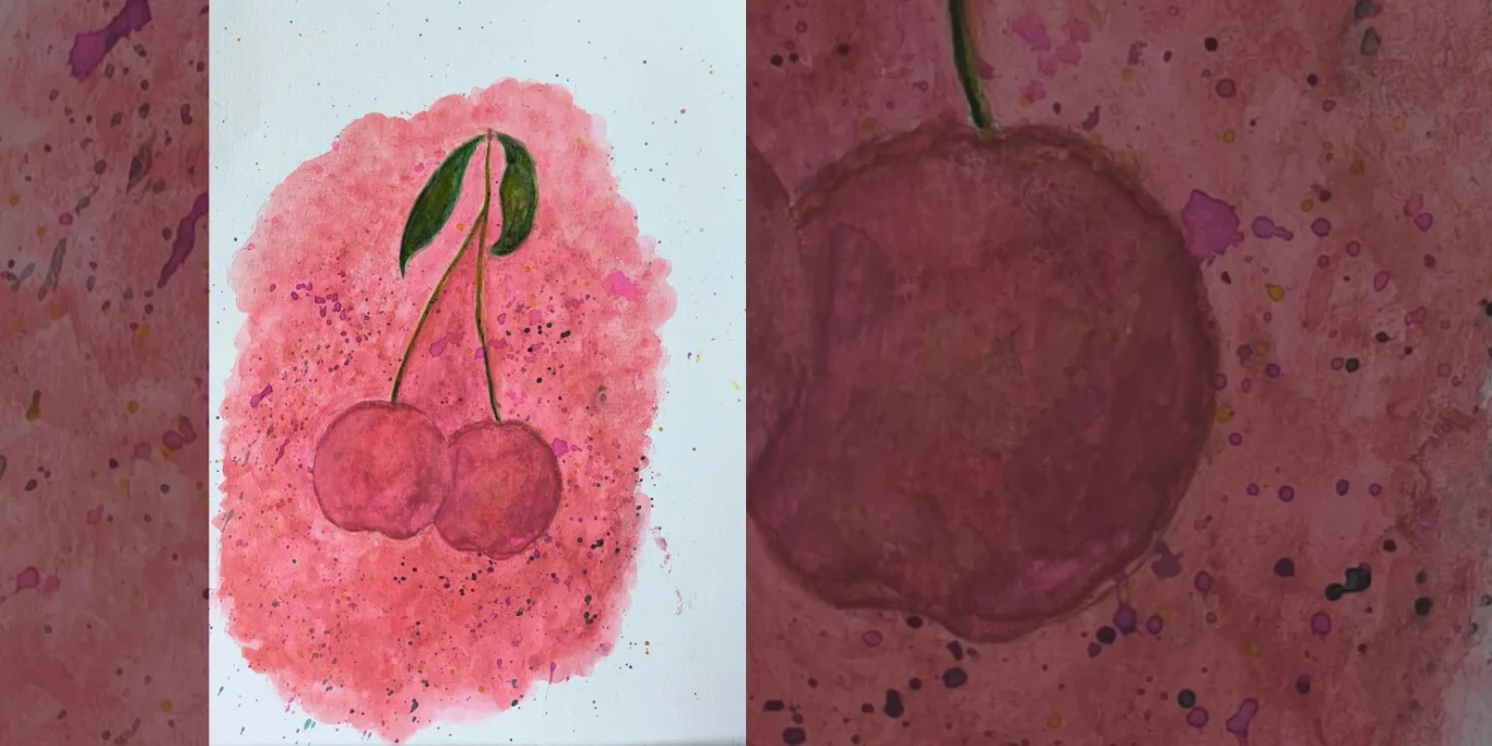 Kirschen, 2026. Aquarell auf Papier, 30x20 cm. Kräftig rote Kirschen mit glänzenden Lichtpunkten und dunklen Stielen in einem farbenfrohen Stillleben.