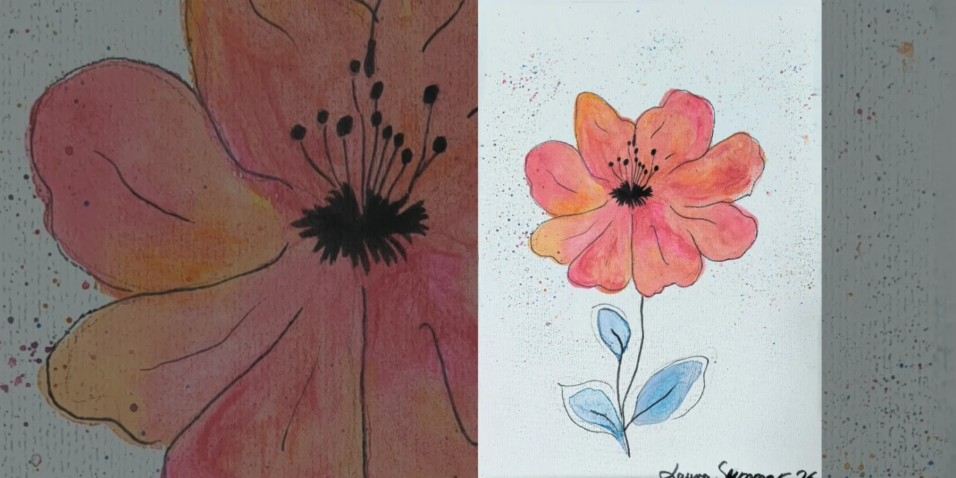 Mohnblume, 2026. Aquarell + Fineliner auf Papier, 30x20 cm. Eine große Mohnblume mit kräftigen Farben und ungewöhnlich blauen Blättern in einer ausdrucksstarken Komposition.