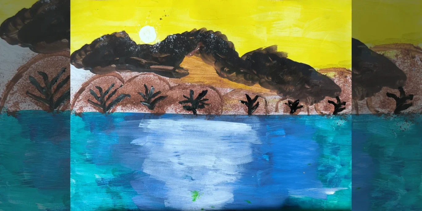 Goldene Stunde, 2025. Acryl auf Papier, 15x20 cm. Eine Landschaft im warmen goldenen Licht kurz vor dem Abend.