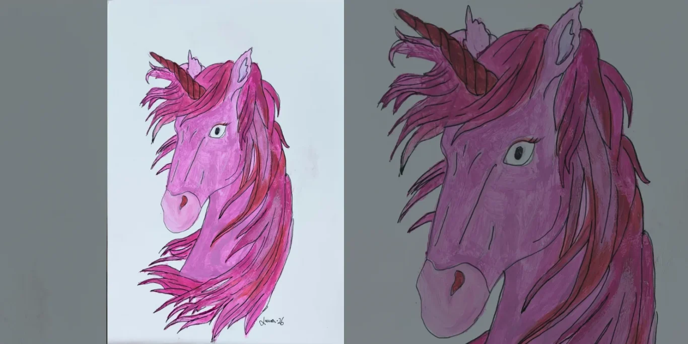 Einhorn, 2026. Acryl auf Papier, 30x20 cm. Ein farbenfrohes Einhorn mit magischem Ausdruck in einer fantasievollen Komposition.