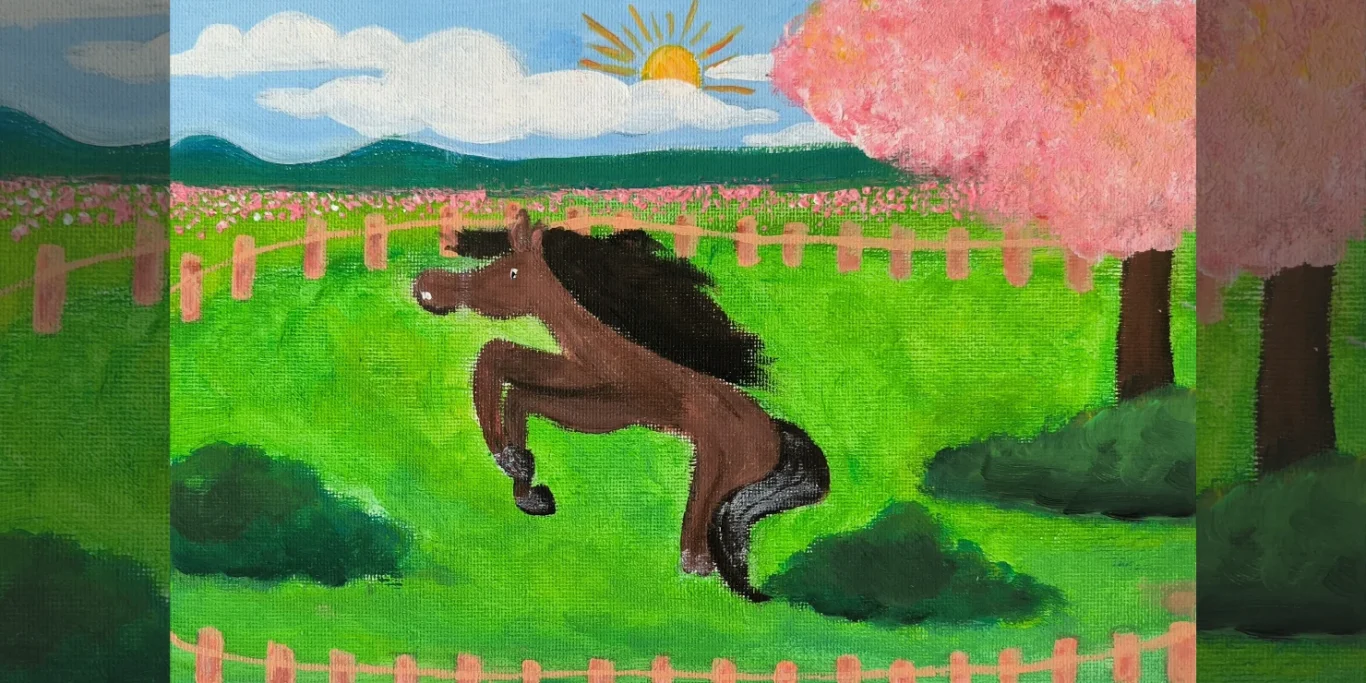 Springendes Pferd auf der Wiese, 2026. Acryl auf Leinwand, 20x30 cm. Ein Pferd springt dynamisch über eine grüne Wiese unter einem hellen Himmel.