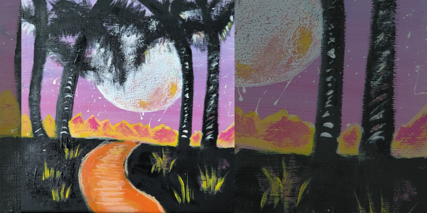 Sonnenuntergang in Afrika, 2025. Acryl auf Leinwand, 20x20 cm. Eine leuchtende Sonne geht über einer afrikanischen Landschaft mit Palmen und einem Weg am Abendhimmel unter.