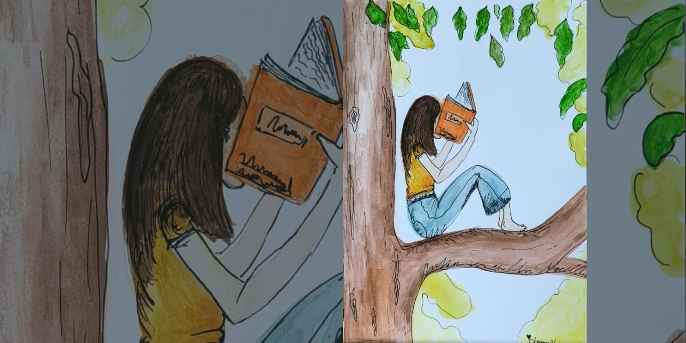 Stille Seiten, 2026. Aquarell + Fineliner auf Papier, 30x20 cm. Ein Mädchen sitzt mit einem Buch auf einem Baum und liest ruhig zwischen Ästen und Blättern.