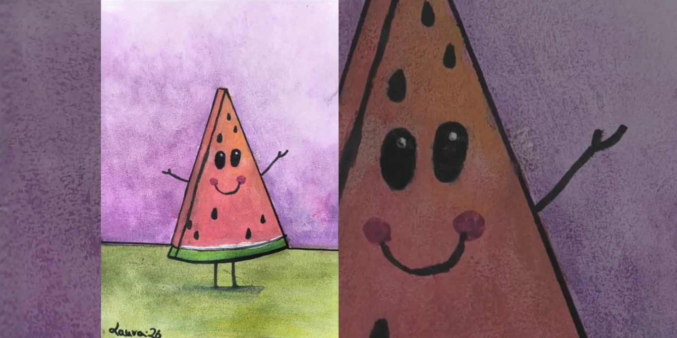 Fröhliche Wassermelonenscheibe, 2026. Aquarell + Filzstift auf Papier, 20,7x14,5 cm. Eine lächelnde Wassermelonenscheibe mit Armen, Beinen und fröhlichem Gesicht.
