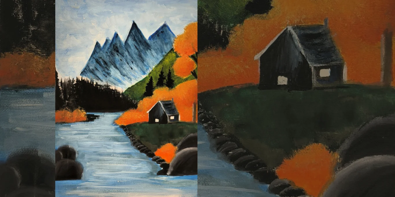 Allgäu Herbstlandschaft, 2026. Acryl auf Leinwand, 35x25 cm. Eine farbenfrohe Herbstlandschaft im Allgäu mit warmen Bäumen, Bergen und tiefer räumlicher Wirkung.