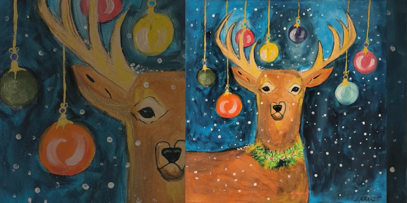 Weihnachtshirsch, 2025. Acryl auf Leinwand, 50x50 cm. Ein festlich geschmückter Hirsch mit Weihnachtsschmuck und Schnee in einer warmen, winterlichen Szene.