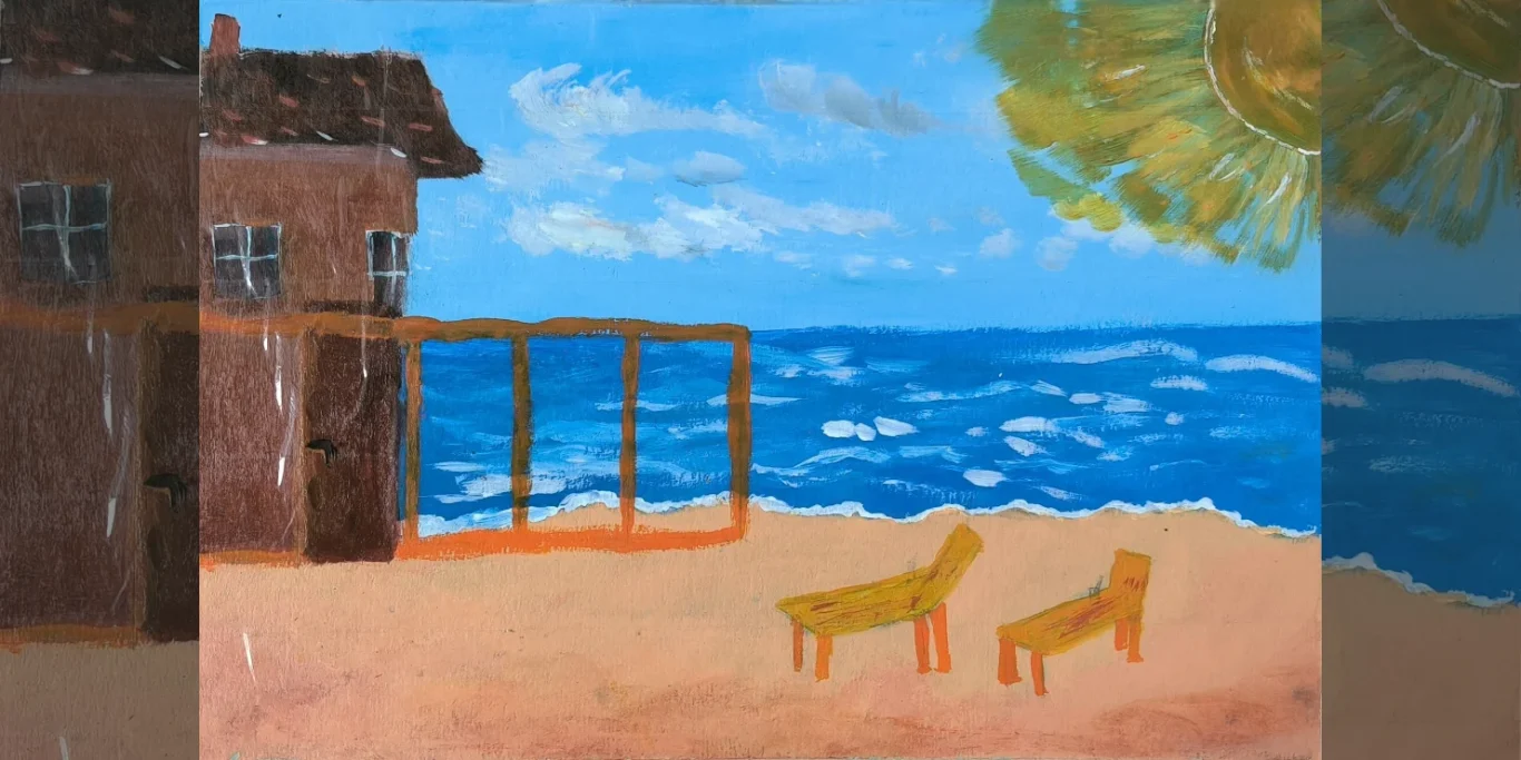 Mittagsruhe am Meer, 2026. Acryl auf Pappe, 25x35 cm. Eine ruhige Meereslandschaft mit hellem Tageslicht und stiller Atmosphäre.