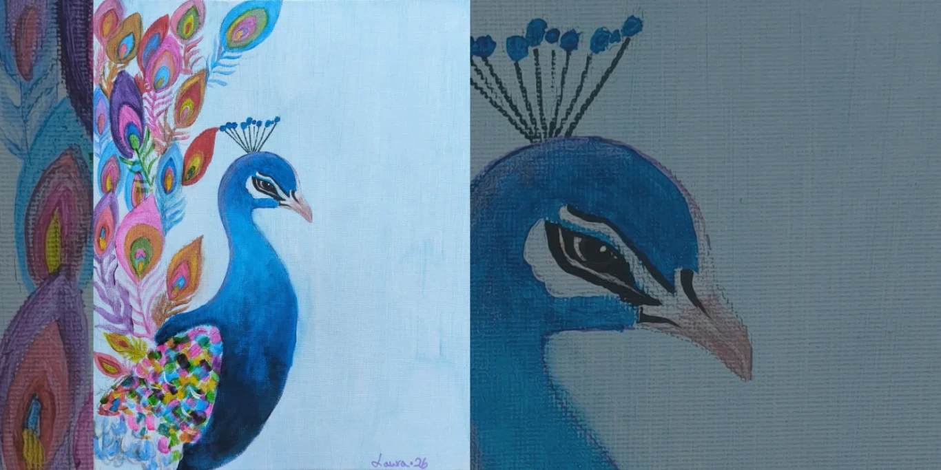 Pfauenpracht, 2026. Acryl auf Leinenkarton, 30x24 cm. Ein farbenprächtiger Pfau mit weit ausgebreiteten Federn und einem dekorativen, leuchtenden Muster.