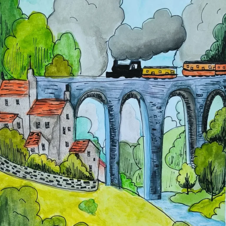 Über Brücken in die Ferne – Galerie Eine Landschaft mit Brücken, Wegen und weiter Ferne im Stil einer farbenfrohen Malerei von Laura Summer.