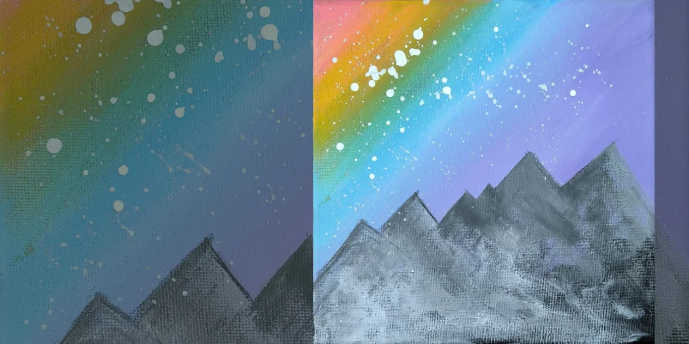 Berge unter den Polarlichtern, 2026. Acryl auf Leinwand, 20x20 cm. Bergsilhouetten liegen unter einem farbenfrohen Himmel mit leuchtenden Polarlichtern.