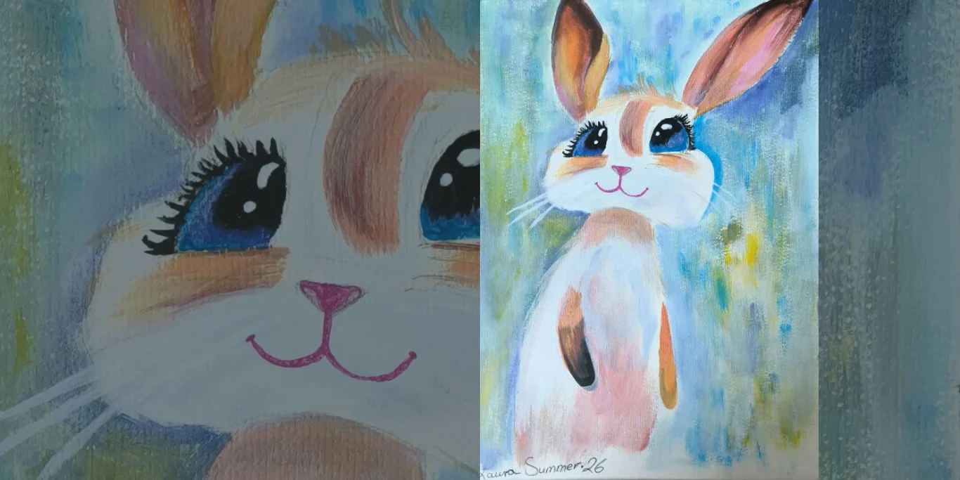 Kaninchen, 2026. Aquarell auf Papier, 30x20 cm. Ein Kaninchen mit großen ausdrucksvollen Augen, feinen Schnurrhaaren und einem weichen Aquarellhintergrund.