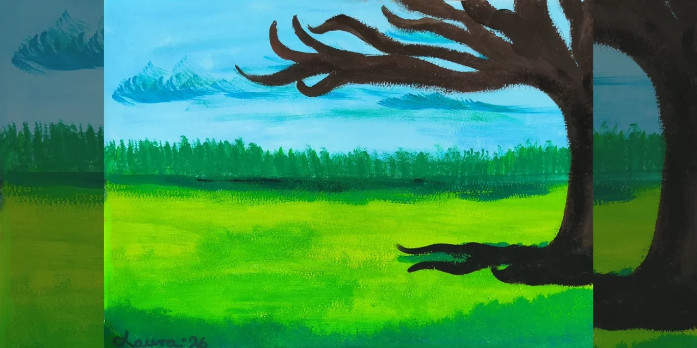 Eiche im Wind, 2026. Acryl auf Papier, 20x30 cm. Eine große Eiche bewegt sich im Wind und steht in einer weiten Landschaft.