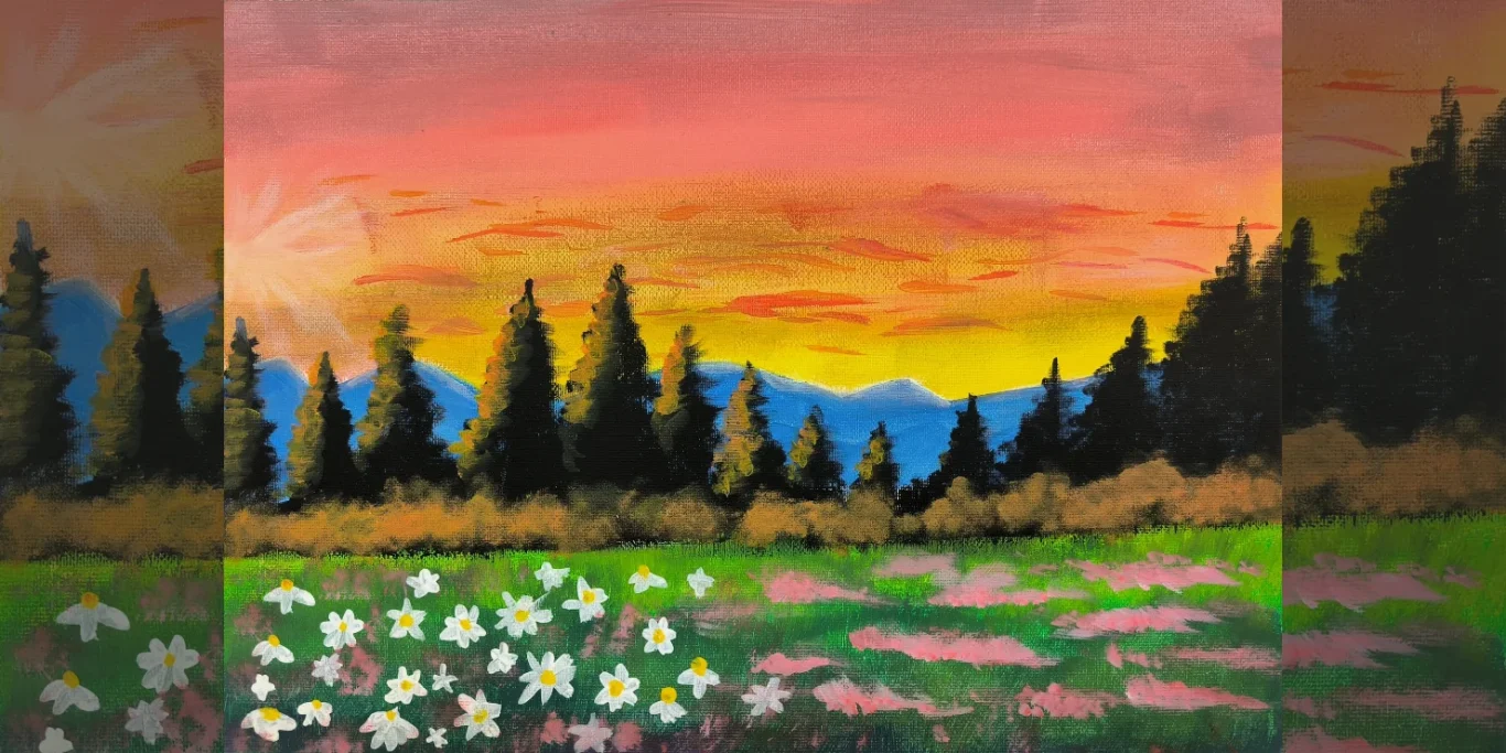 Blumenwiese im Schwarzwald, 2026. Acryl auf Leinwand, 25x35 cm. Eine blühende Wiese mit Kiefern und Bergen im Schwarzwald unter einem farbenfrohen Himmel.