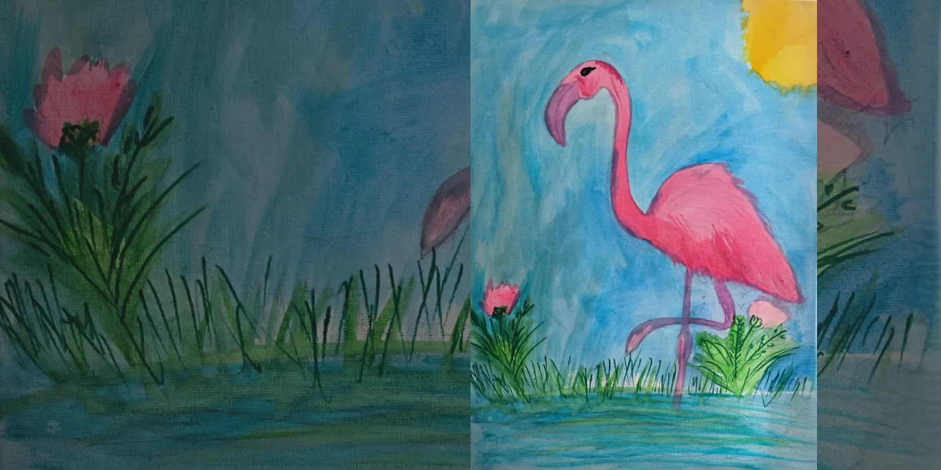 Flamingo, 2025. Aquarell + Filzstift auf Leinwand, 35x25 cm. Ein rosafarbener Flamingo mit langem Hals steht zwischen Gräsern und Blumen vor einem farbenfrohen Hintergrund.