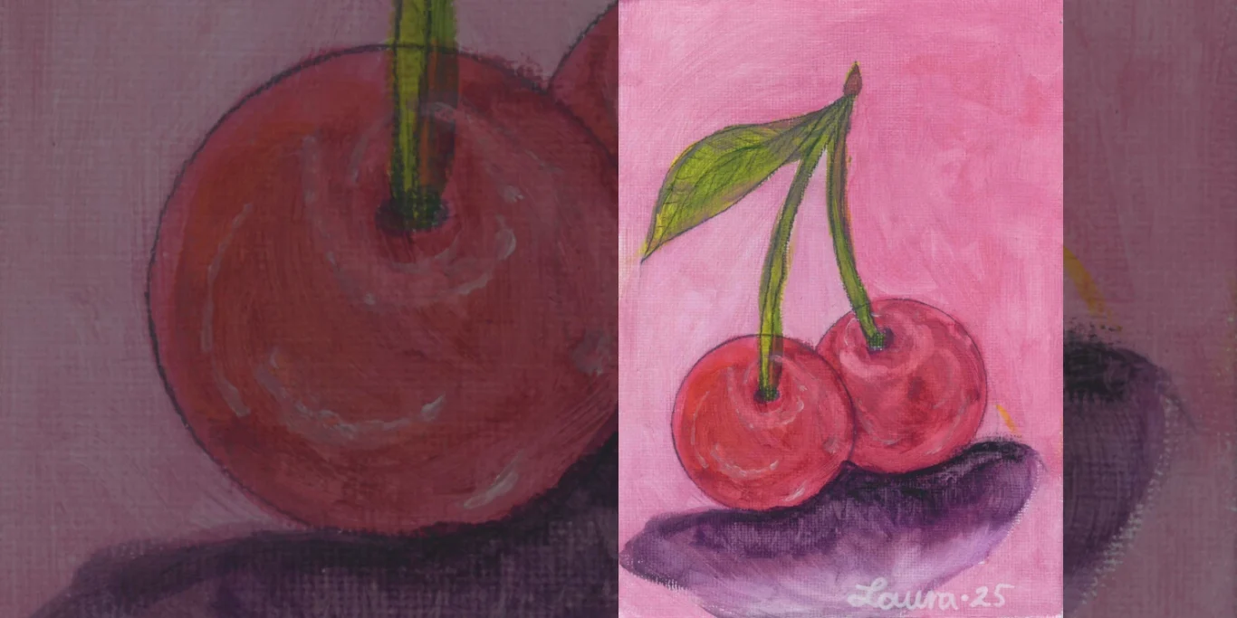 Ein Paar saftige Kirschen, 2025. Acryl auf Leinenkarton, 23x18 cm. Zwei glänzende Kirschen mit hellen Lichtpunkten und kräftigen Farben in einem klaren, appetitlichen Stillleben.