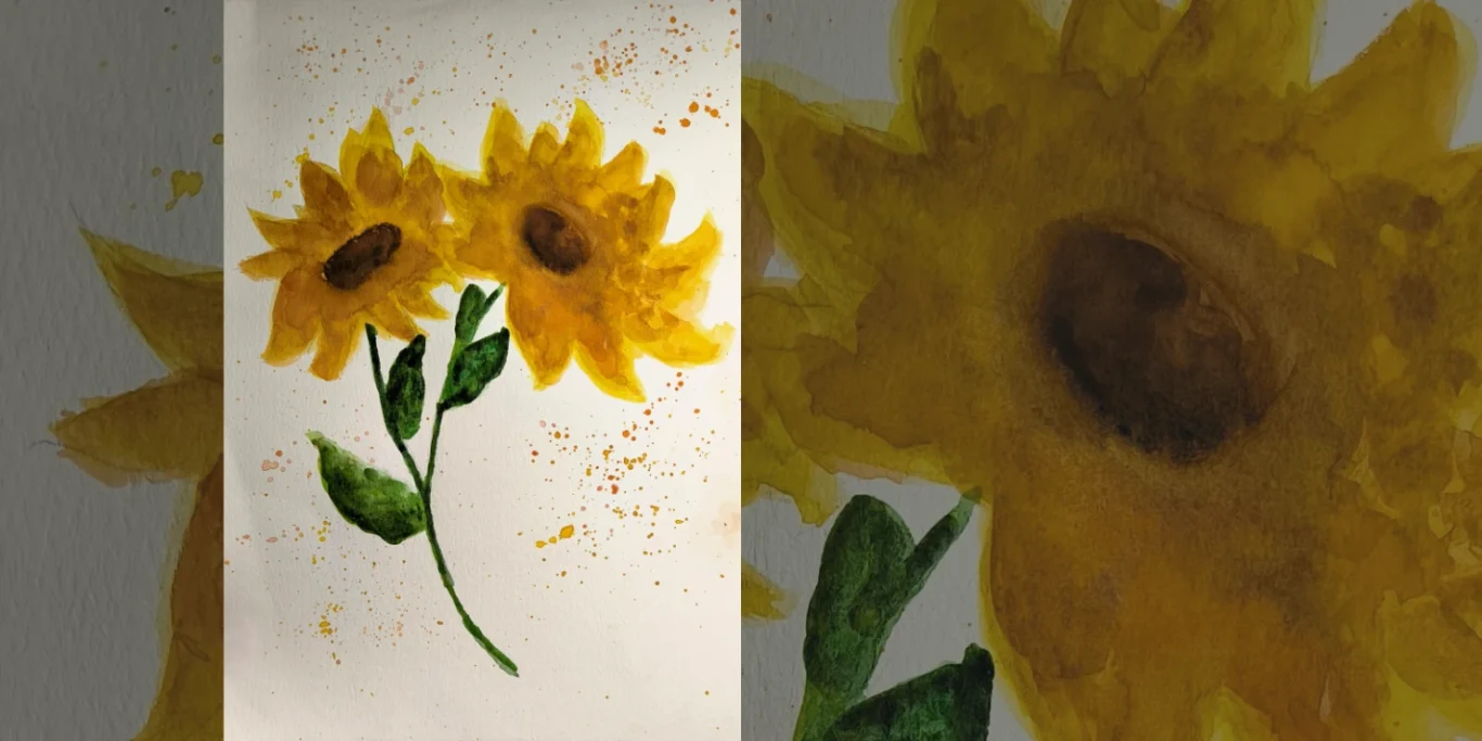 Sonnenblumen, 2026. Aquarell auf Papier, 30x20 cm. Leuchtende Sonnenblumen in warmen Gelb- und Orangetönen mit lebendiger Aquarellstruktur.
