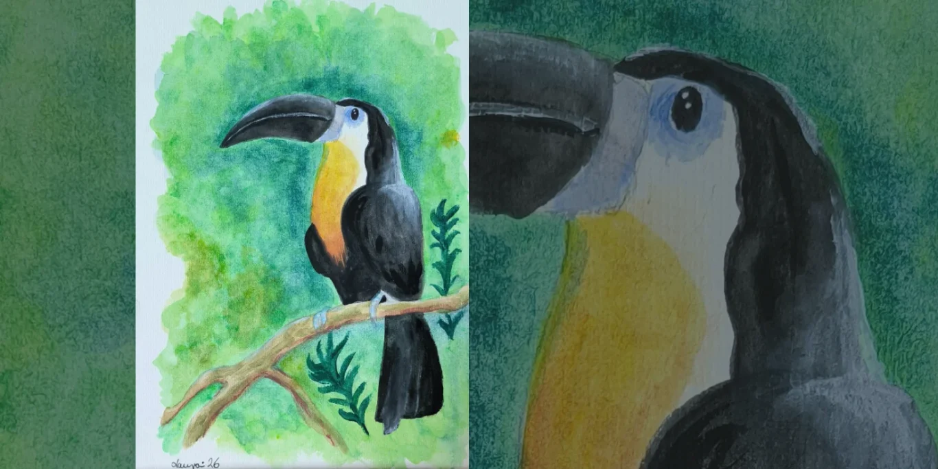 Tukan, 2026. Aquarell auf Papier, 30x20 cm. Ein farbenfroher Tukan mit leuchtendem Schnabel vor einem sorgfältig gemalten Aquarellhintergrund.