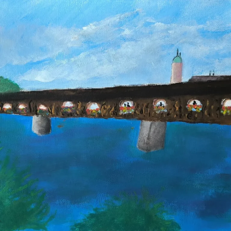 Holzbrücke in der Altstadt, 2026. Acryl auf Leinwand, 20x30 cm. Eine Holzbrücke führt durch eine Altstadt mit Häusern und farbenfrohen Details.