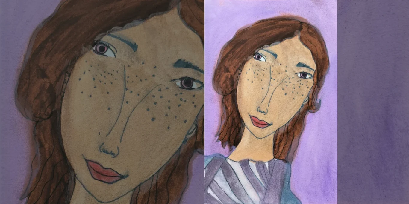 Halb im Schatten, 2025. Aquarell auf Papier, 20x15 cm. Aquarellporträt eines Mädchens mit teilweise verdecktem Auge, feinen Sommersprossen und dunklem Haar.