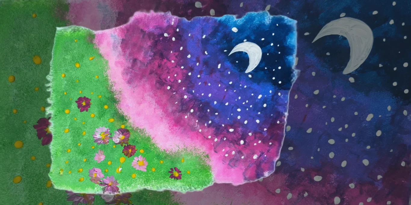Wiese im Nacht, 2025. Acryl auf Papier, 20x30 cm. Eine Wiese geht langsam in eine stille Sternennacht über und verbindet helle Farben mit dunkler, geheimnisvoller Stimmung.