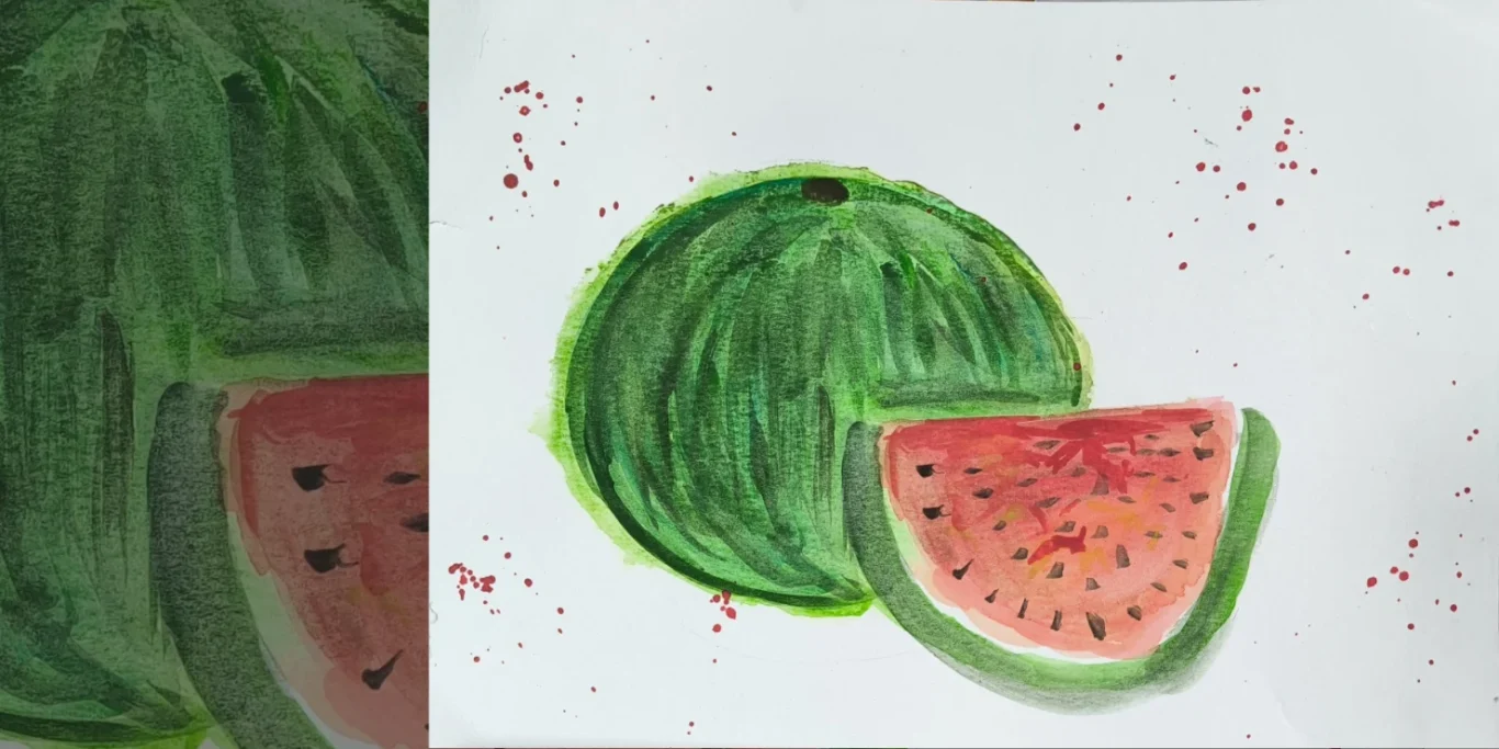 Wassermelone, 2026. Aquarell auf Papier, 20x30 cm. Eine saftige Wassermelone mit kräftigen Farben und dekorativen Spritzern im Hintergrund.