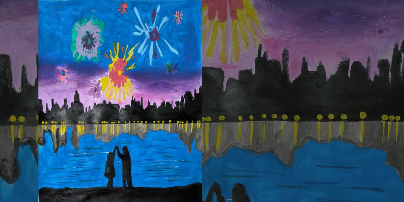 Funkelnde Stadt, 2026. Acryl auf Papier, 35x25 cm. Eine farbenfrohe Stadtansicht mit leuchtenden Details und einer lebendigen, leicht geheimnisvollen Atmosphäre.