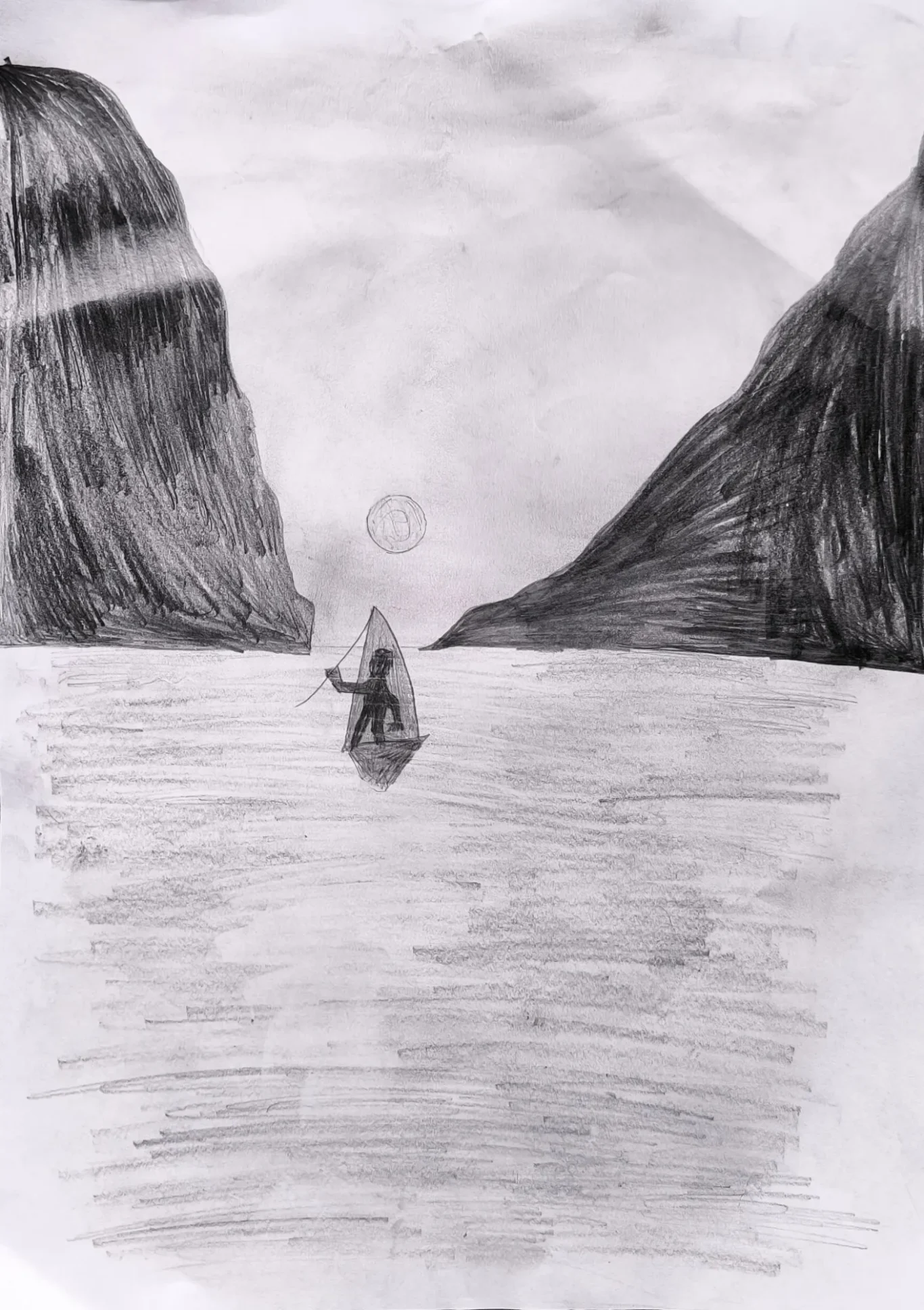 Ein einsamer Wanderer, 2025. Bleistift auf Papier, 30x20 cm. Eine einsame Figur bewegt sich bei Mondlicht zwischen Felsen und Wasser.