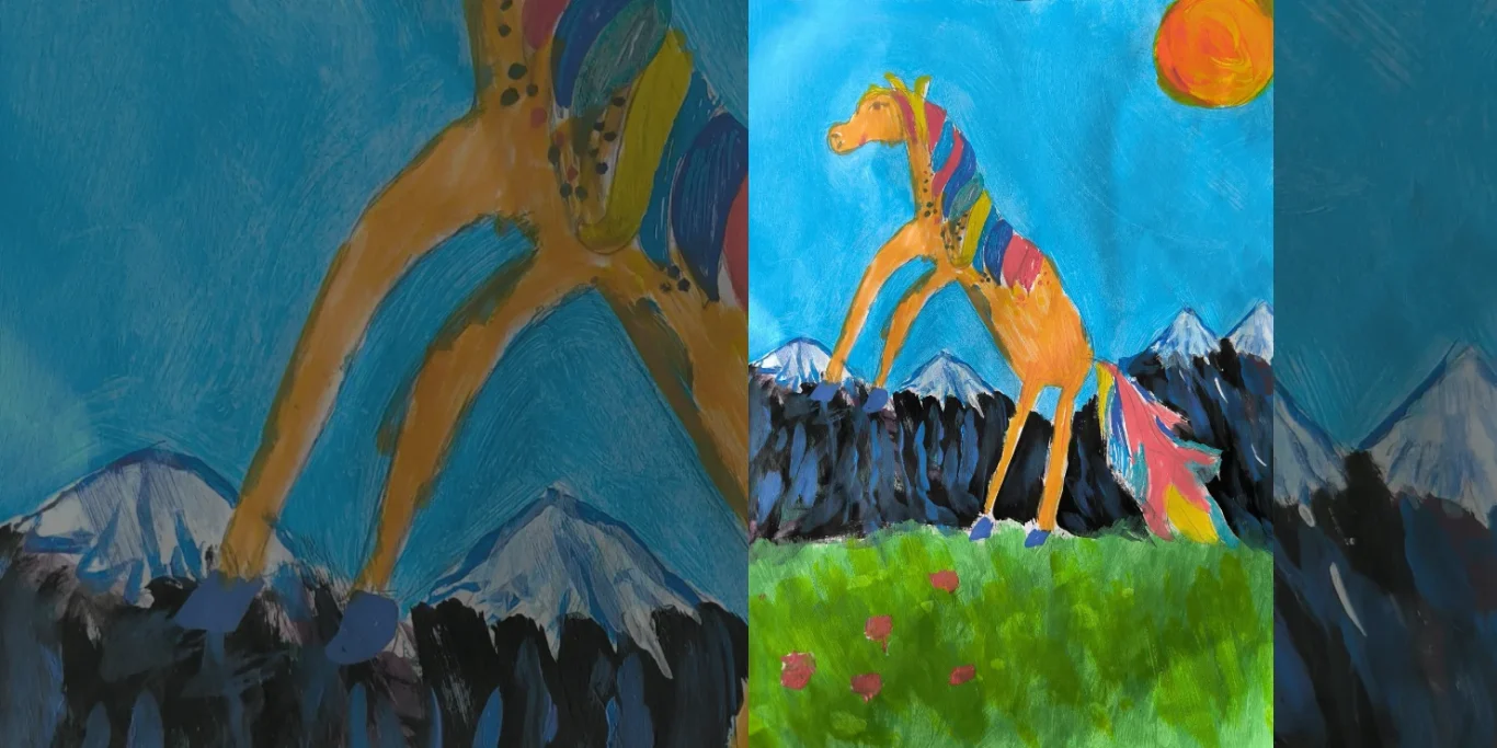 Wildes Herz, 2025. Acryl auf Papier, 30x20 cm. Ein fantasievolles, regenbogenfarbenes Pferd steht vor einer Berglandschaft.
