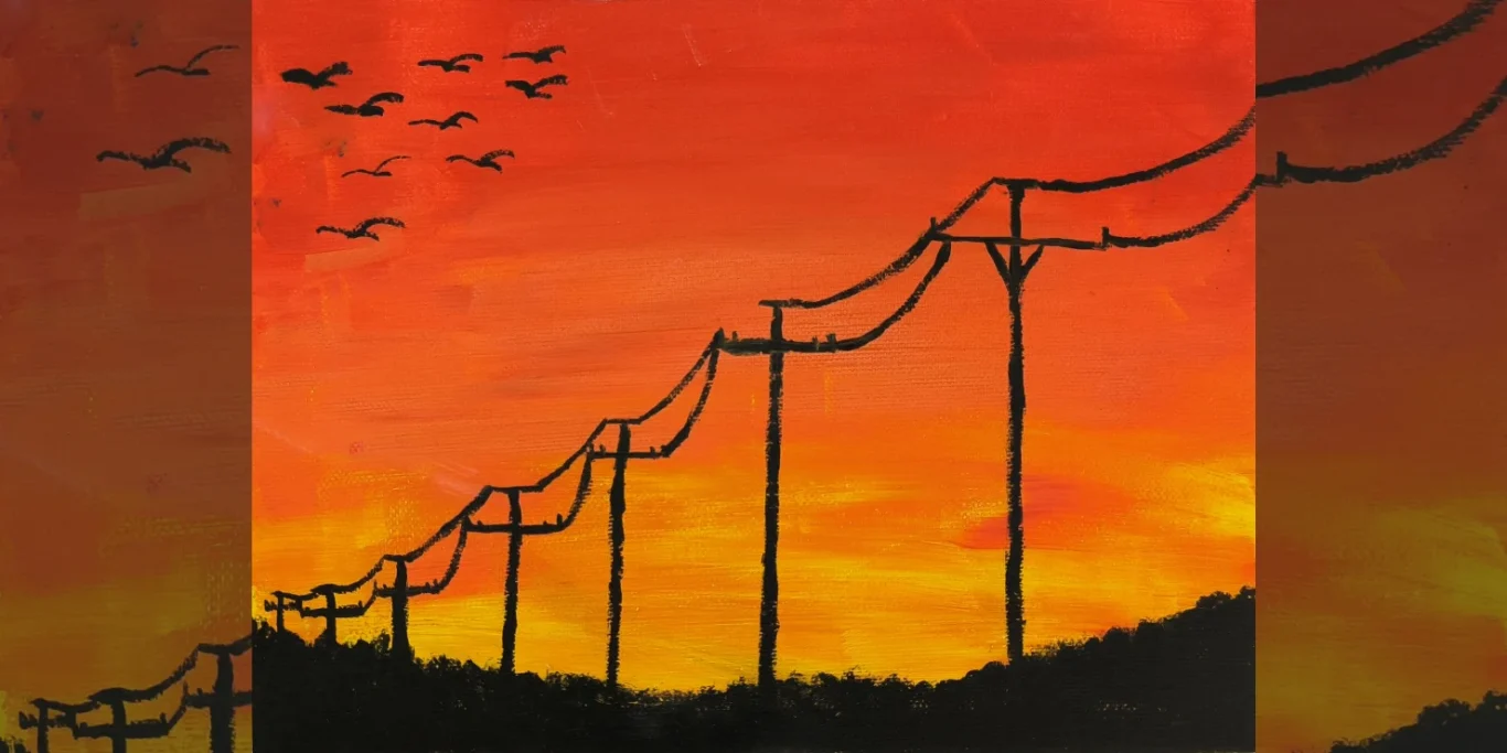 Heißer Sommerabend, 2026. Acryl auf Leinwand, 25x35 cm. Eine sommerliche Landschaft mit warmem Abendlicht und leuchtenden Farben.