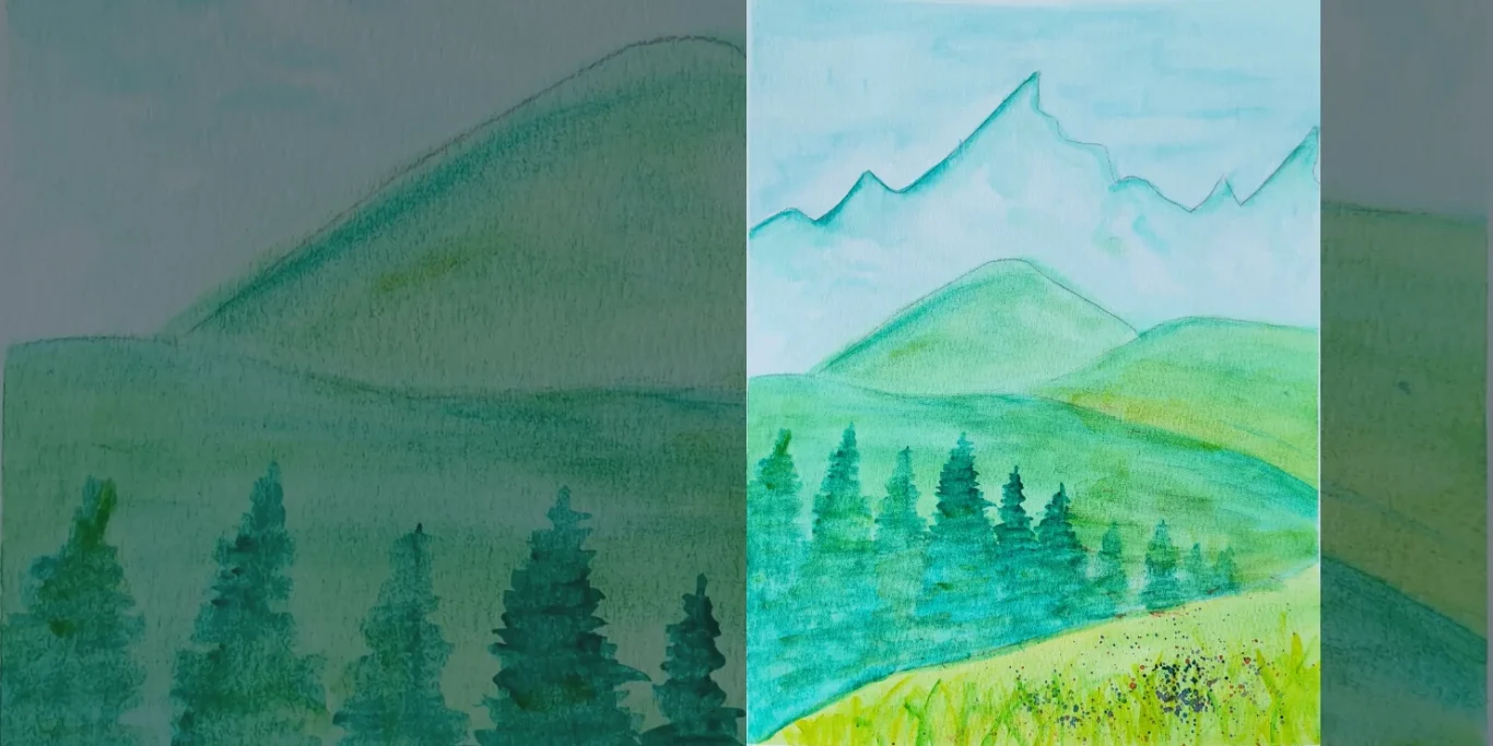 Morgennebel über dem Schwarzwald, 2026. Aquarell auf Papier, 30x20 cm. Mehrere Bergketten des Schwarzwalds verschwinden in einem sanften Morgennebel.