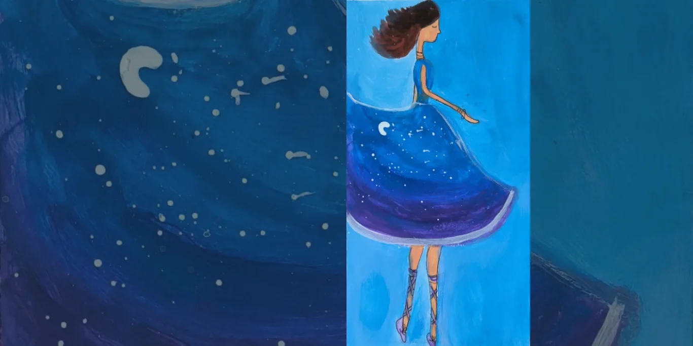 Nachthimmelkleid, 2026. Acryl auf Papier, 20x13 cm. Ein Mädchen trägt ein Kleid aus Nachthimmel mit Sternen und Mond, während ihr Haar im Wind weht.