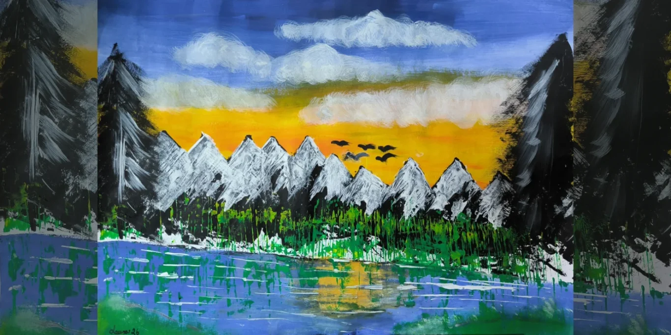 See in den Bergen, 2026. Acryl auf Papier, 20x30 cm. Ein ruhiger Bergsee mit Bergen und einer klaren Spiegelung im Wasser.