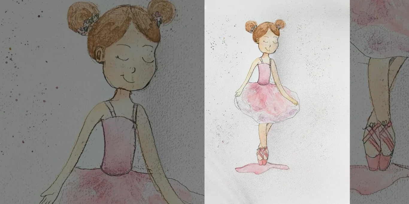 Ballerina, 2026. Aquarell auf Papier, 30x20 cm. Eine Ballerina mit hochgesteckten Haaren in einem zarten, rosafarbenen Kleid.