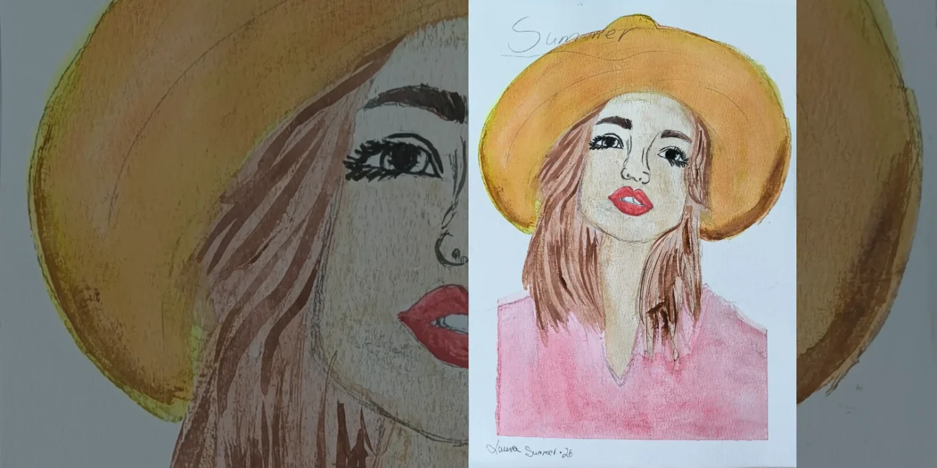 Sommerlaune, 2026. Aquarell auf Papier, 30x20 cm. Ein stilisiertes Porträt einer jungen Frau mit großem ockerfarbenem Hut und ausdrucksstarkem Make-up.