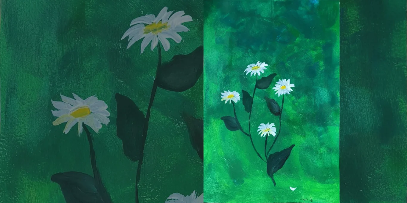 Gänseblümchen, 2026. Acryl auf Papier, 30x20 cm. Zarte Gänseblümchen auf einem strukturierten grünen Hintergrund in einer liebevollen Blumenstudie.