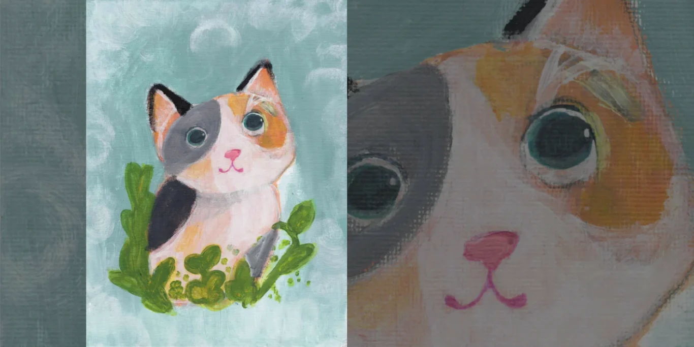 Niedliche Kätzchen, 2025. Acryl auf Leinenkarton, 23x18 cm. Niedliche Kätzchen mit sanften Blicken sitzen zwischen grünen Pflanzen.