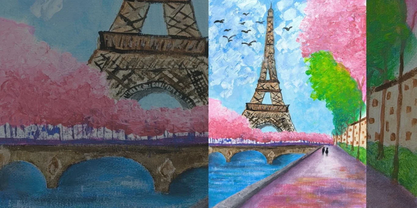 Paris im Frühling, 2026. Acryl auf Leinenkarton, 30x23 cm. Eiffelturm und Spazierweg an der Seine im blühenden Paris mit rosa Bäumen und blauem Himmel.