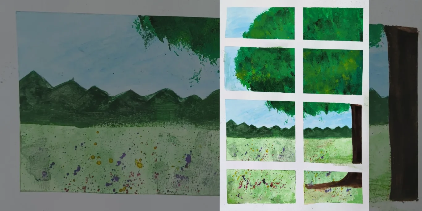 Fensterblick auf den Schwarzwald, 2026. Aquarell auf Papier, 42x30 cm. Ein Blick durch ein Fenster auf Baumkronen, Berge und eine grüne Wiese im Schwarzwald.